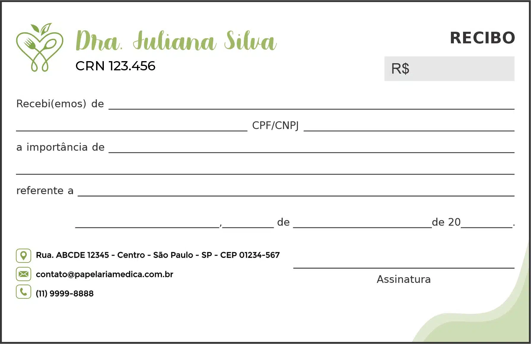 Recibo em 2 vias Nutricionista Bariloche