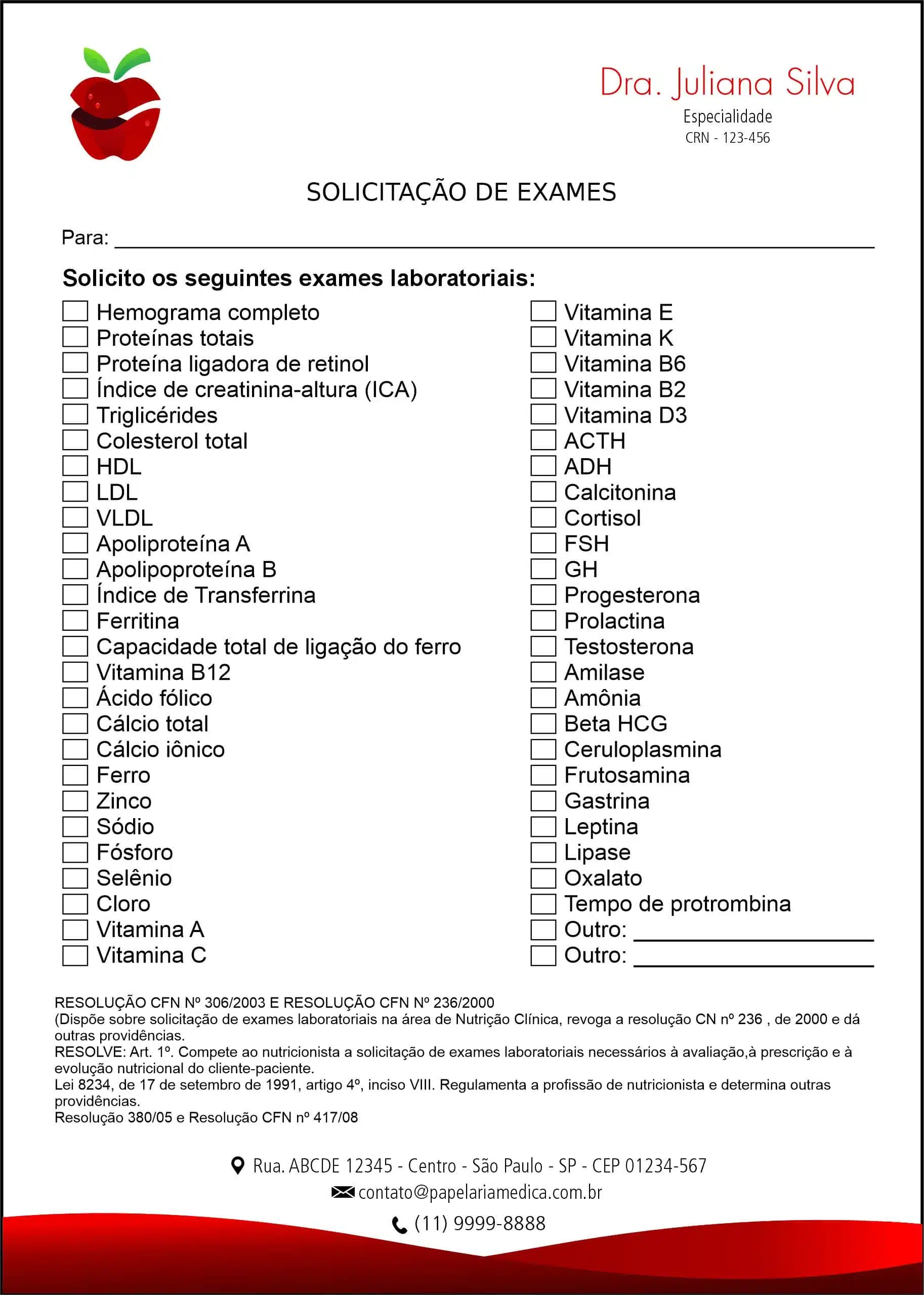 Solicitação de Exames Nutricionista Rosário