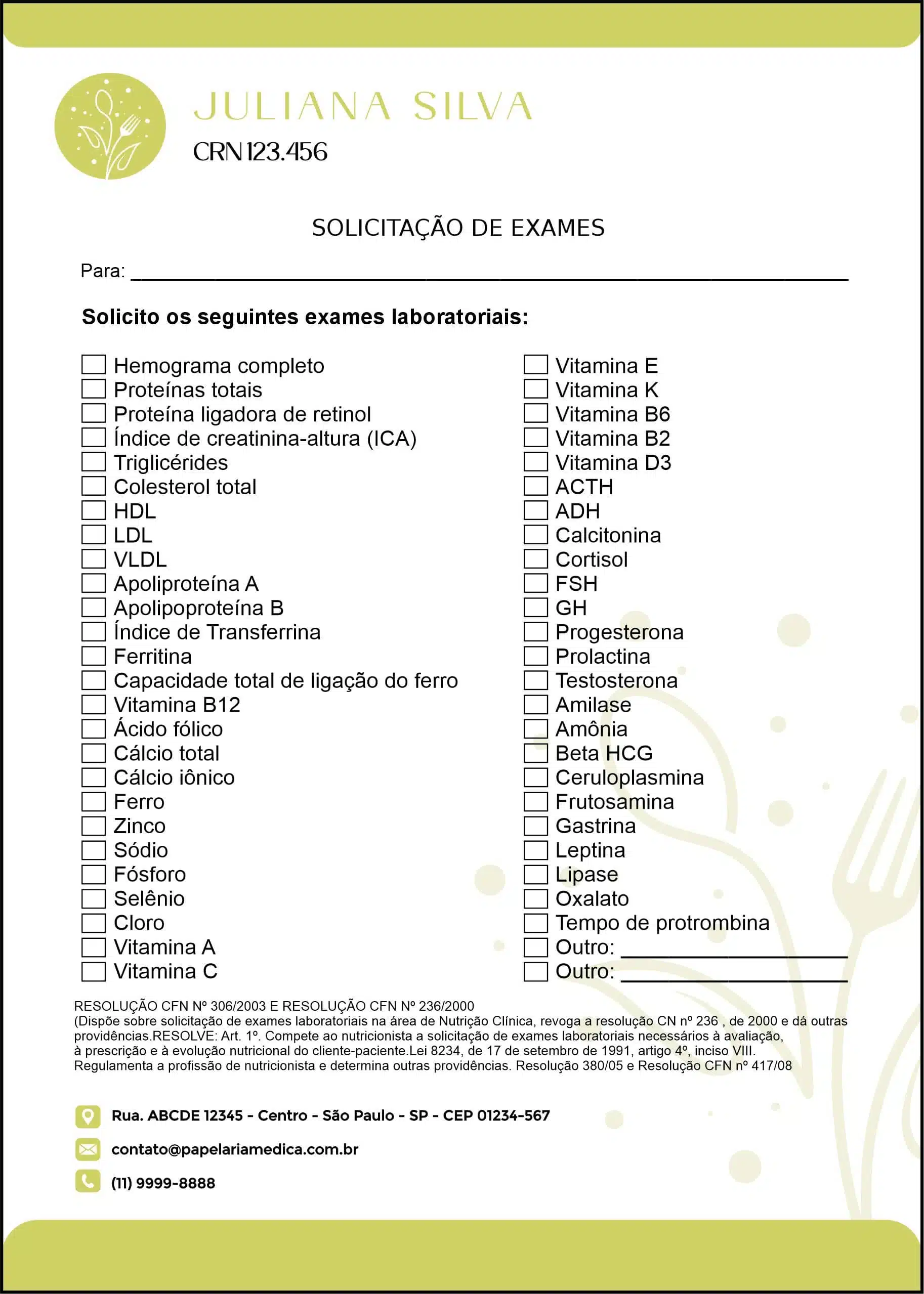 Solicitação de Exames Nutricionista Salta
