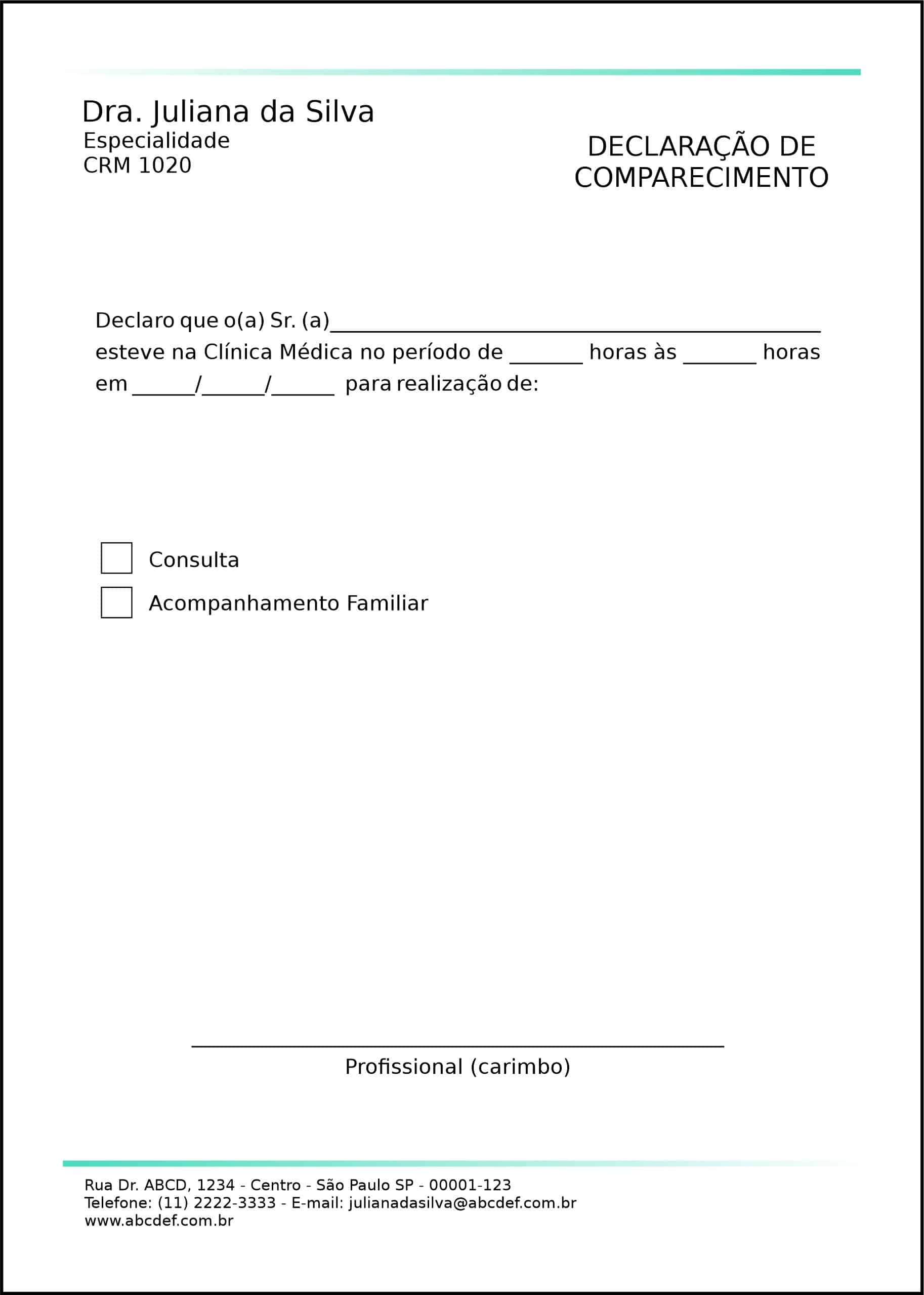 Declaração de Comparecimento Clínica Geral Sohag