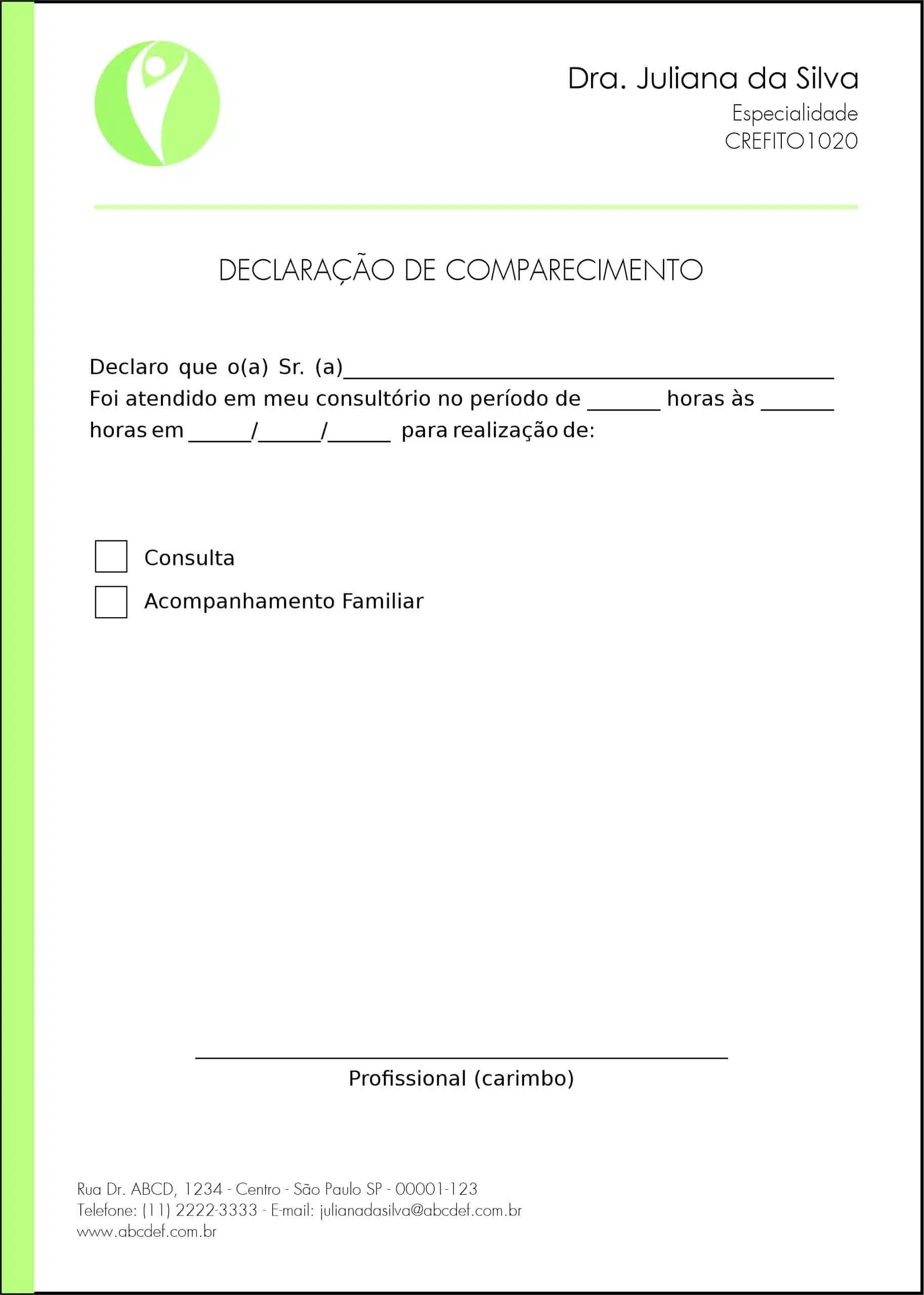 Declaração de Comparecimento Fisioterapia Corinto
