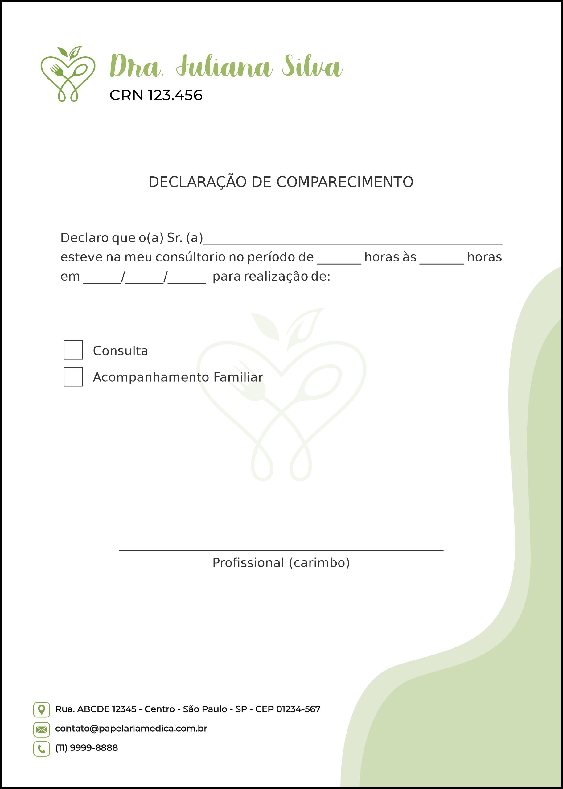 Declaração de Comparecimento Nutricionista Bariloche