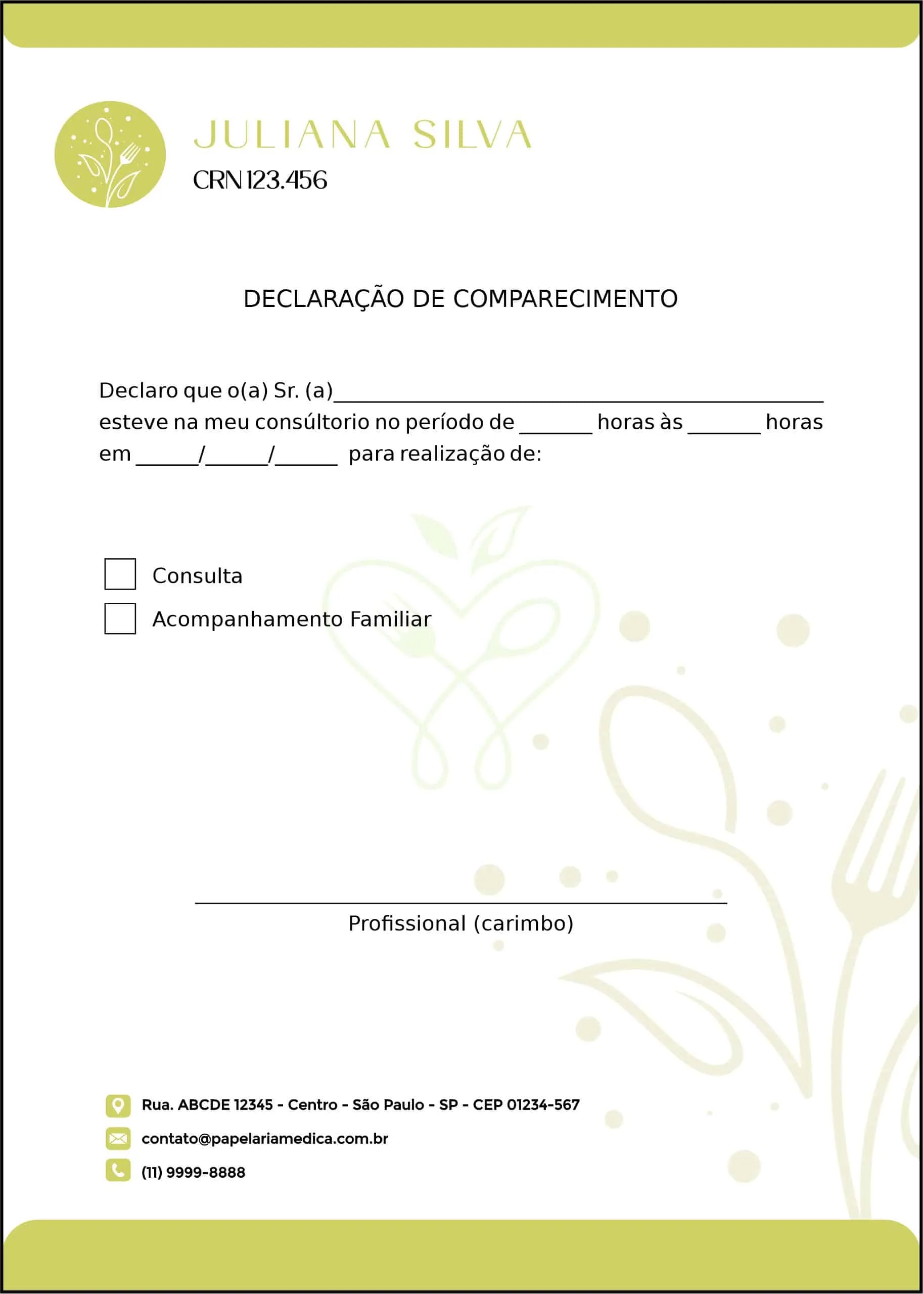 Declaração de Comparecimento Nutricionista Salta