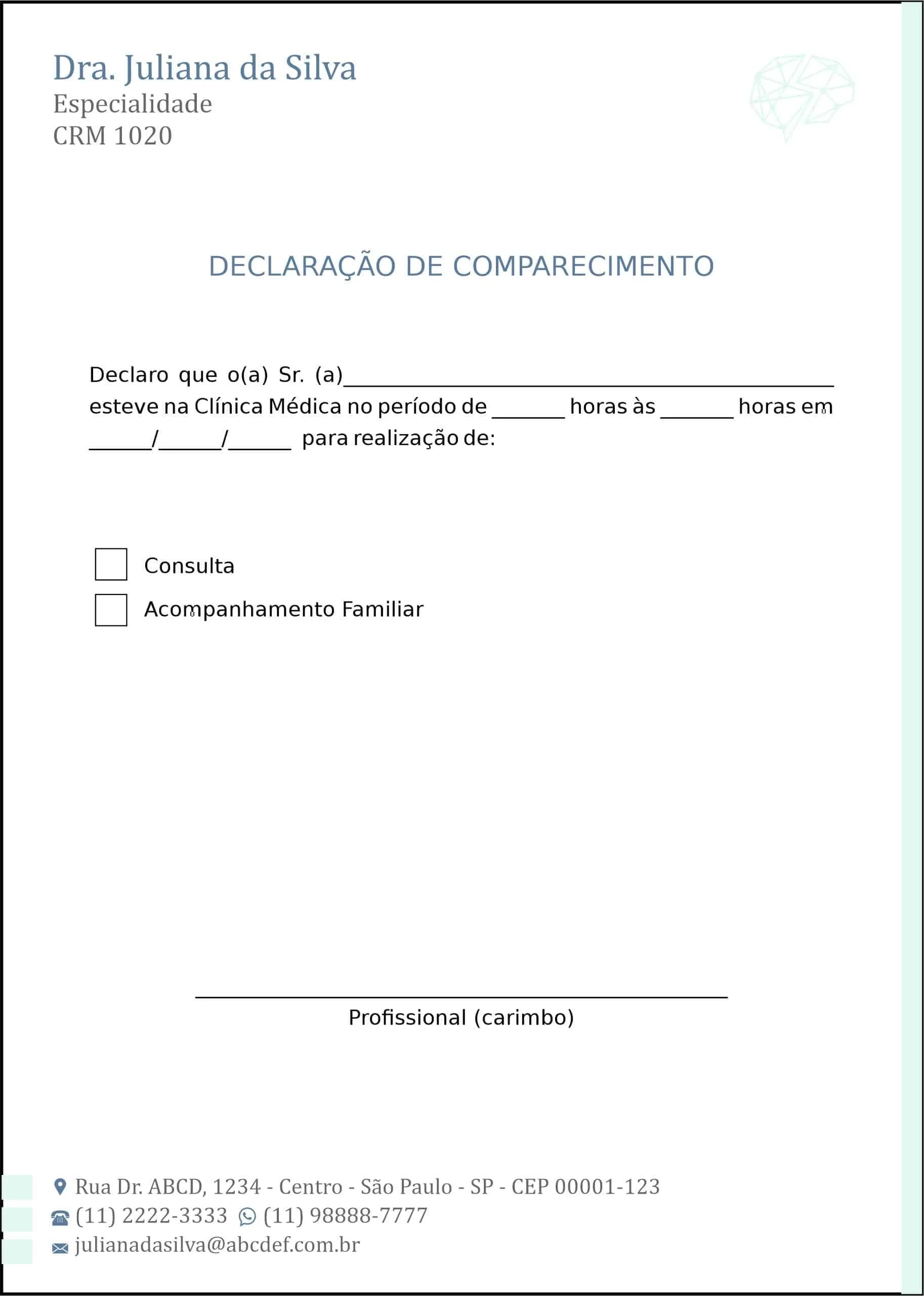 Declaração de Comparecimento Psiquiatra e Neurologista Genoa