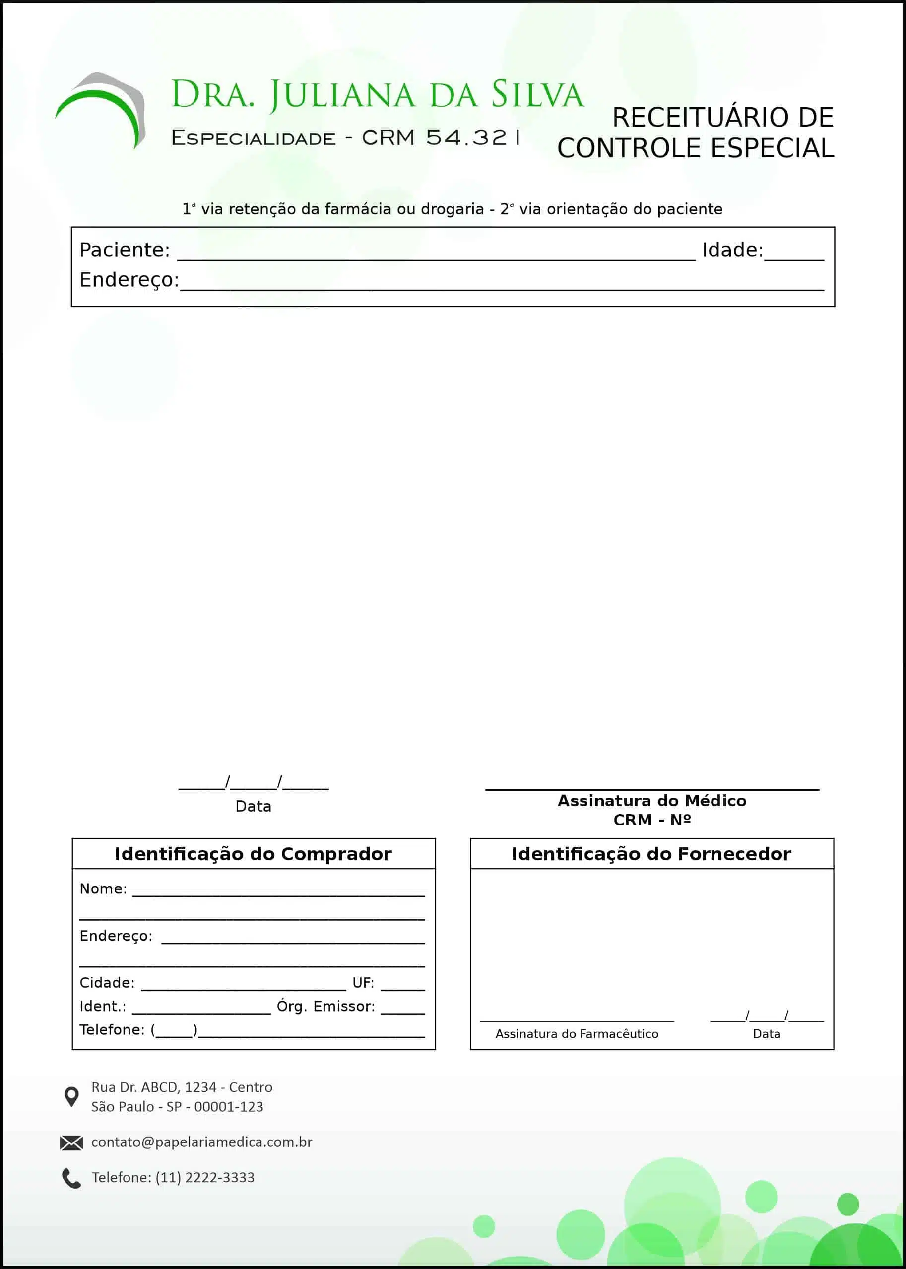 Receituário de Controle Especial Clínica Geral Porto Fuad