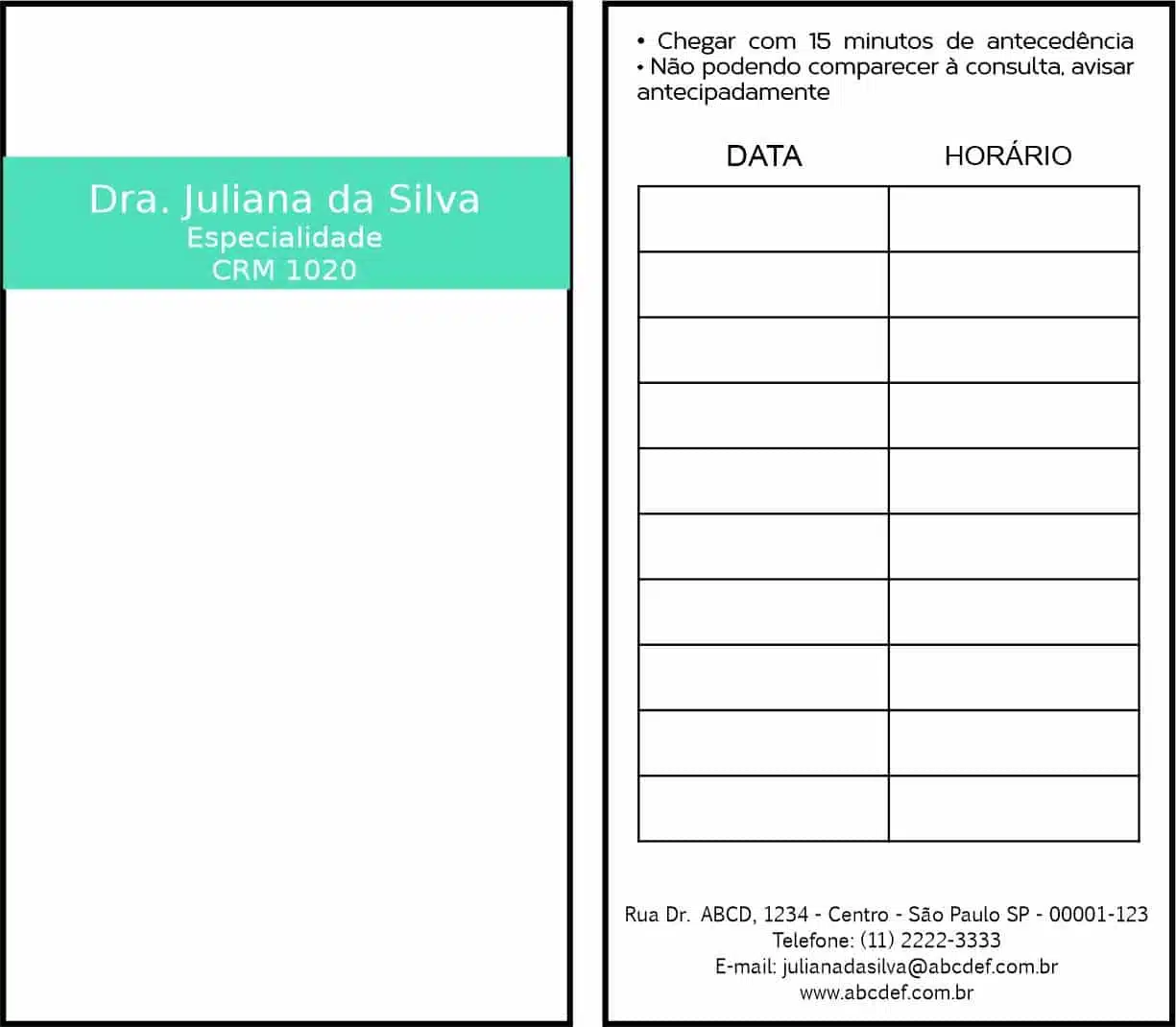 Cartão de Agendamento Clínica Geral Dendera